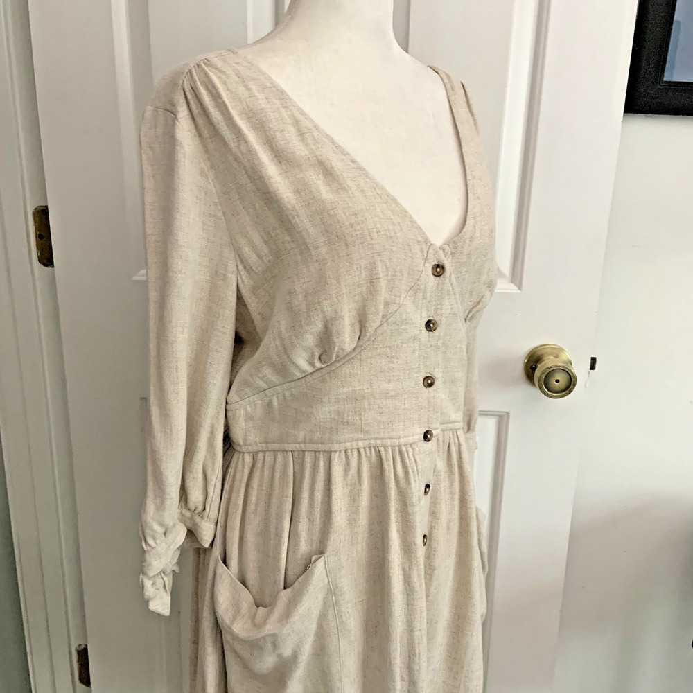 First Monday Button Front Linen Blend Bodice Coquette Midi Dress Lined Beige M